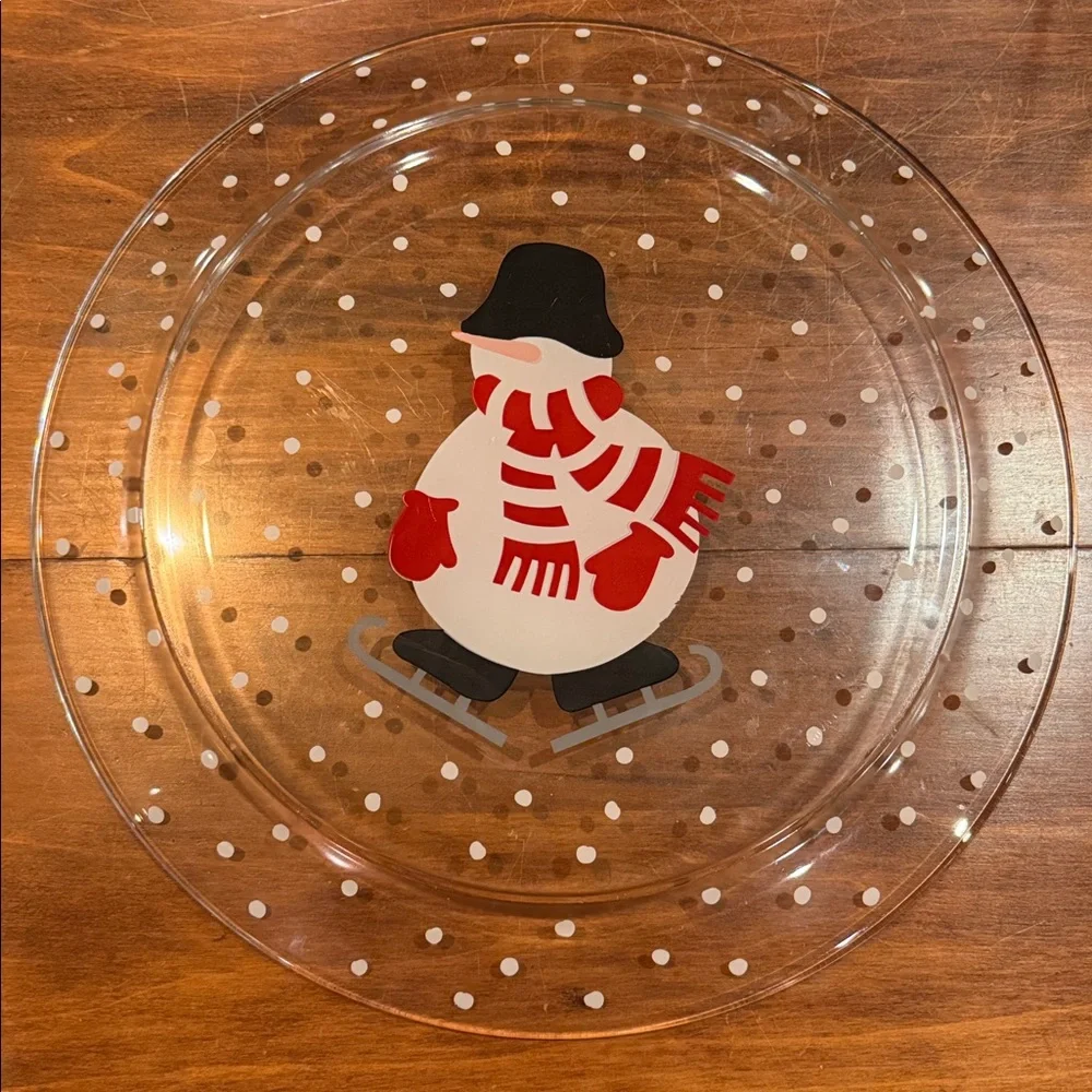 Crate&Barrel Skating Snowman Glass Large Platter Plate 12” Dishwasher Micro Safe